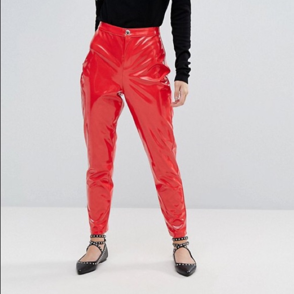 Miss Selfridge Red High Waisted Vinyl Pants